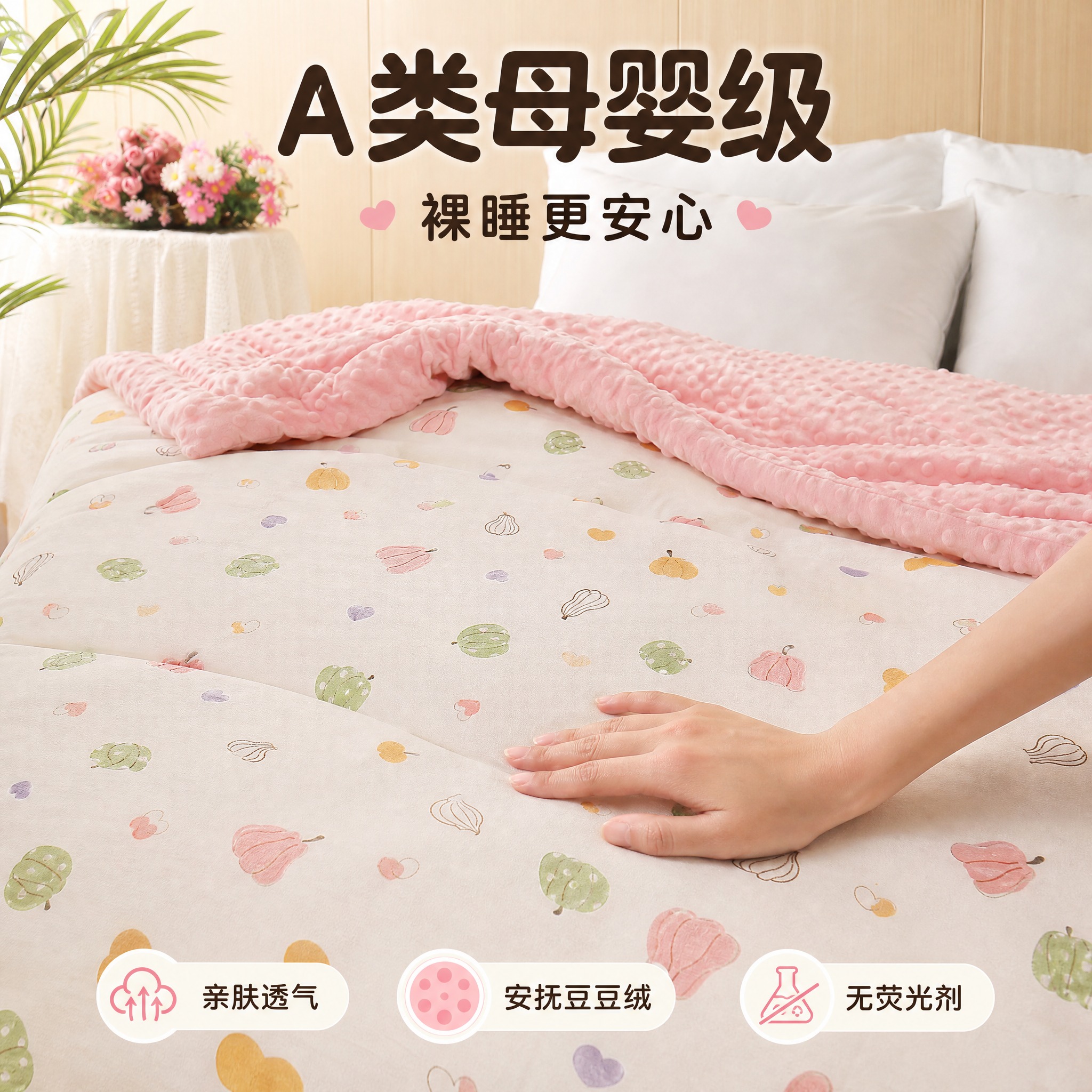 [主图-2] 粉色水果豆豆被 亲肤触感体验图 A类母婴级卖点… - 图片创意预览