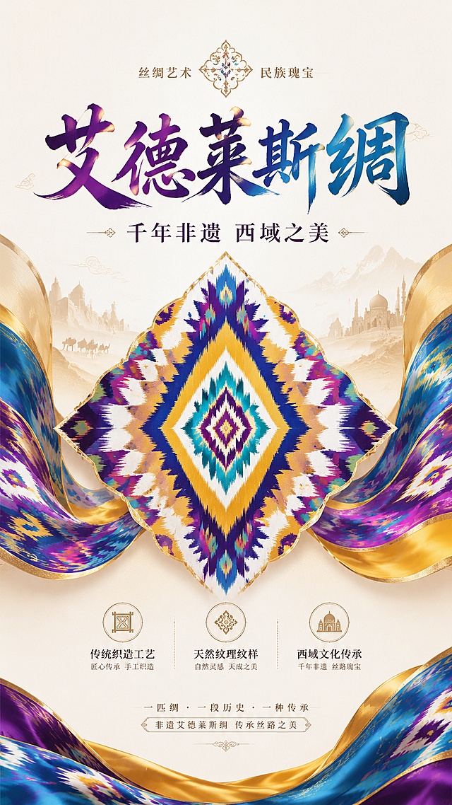 新疆艾德莱斯绸艺术主题国风海报，品牌主视觉风格，居中布局。主视觉为艾德莱斯绸特色几何纹理装饰图形，采用西域民族风情配色，绚丽多彩的蓝紫黄渐变搭配。画面包含主标题"艾德莱斯绸"，副标题"千年非遗 西域之美"，装饰文字"丝绸艺术""民族瑰宝"，卖点文字"传统织造工艺""天然纹理纹样""西域文化传承"。版式精美，留白适当，层级清晰，民族国风热词，超高清画质，4K分辨率。