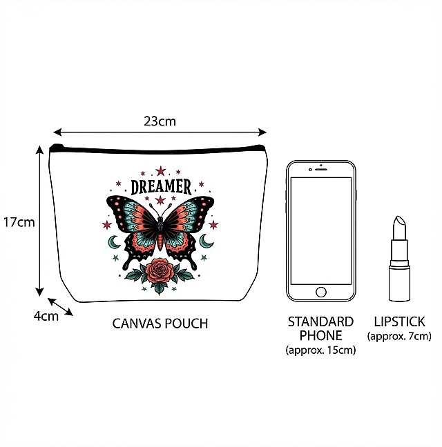 Size comparison chart for the canvas pouch, English text only. Show the pouch next to a standard phone and lipstick for size reference. Clearly mark dimensions: 23cm x 17cm x 4cm. Simple line drawings with measurement labels. Same sans-serif font as previous images. Clear and easy to understand. Background: plain white.