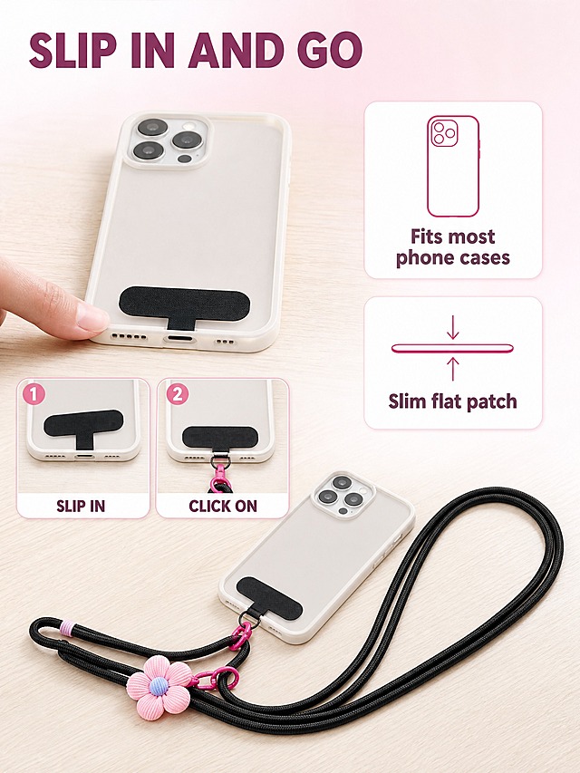 [主图-5] Beaded Crossbody Phone Lanyard with Pink Flower Charm — Black Hands-Free Phone Strap with Slip-In Case Patch 安装与适配图。唯一任务：说清黑色夹片如何装到手机上以及适配范围，作为下单前核对信息；本图不重复核心卖点与细节微距。
[统一基调] 明亮清爽的柔美生活方式电商信息图；浅粉到白的柔和渐变与干净白／浅灰白底为主；主标题深梅紫，辅助文案中灰玫，强调色玫粉；全套只用一种几何无衬线粗体字，标题最粗最大、辅助文案缩小五成以上且只变字号层级不换字体；组件统一为 12px 圆角白卡配 1px 浅粉描边与 2px 线性图标；光影统一左上柔光、产品右下自然接触阴影。
[画面] 浅灰白与浅粉渐变底，配浅色木质桌面作为真实弱场景；左半幅为安装示意：一部无任何品牌标识的浅色手机壳背面朝上放在桌面，黑色 T 形夹片正沿手机壳底部平稳滑入，看不到手指以外的多余肢体；左半幅下方并排两个编号小窗作为证据组件，小窗一为夹片插入中的局部，配短标签 "1 SLIP IN"；小窗二为夹片已装好、挂绳挂环扣合的局部，配短标签 "2 CLICK ON"；右半幅上下两张白色圆角参数卡：第一张配线性手机壳轮廓图标并写 "Fits most phone cases"，第二张配线性薄片图标并写 "Slim flat patch"；画面中央下方为完整产品主视觉，黑色绳体与花挂件舒展展开并与手机同框，形成真实长度参照；左上方主标题 "SLIP IN AND GO"。
[光影质感] 左上柔和主光，产品、夹片与手机在桌面都有自然接触阴影，珠链呈细腻颗粒高光，花挂件哑光柔和，无悬浮感。
[配色] 浅灰白与浅粉渐变；深梅紫标题、中灰玫说明文字；玫粉只作标签描边与图标描边。
[文字版式] 沿用统一几何无衬线粗体；主标题最粗最大，步骤标签与卡片说明缩小五成以上；全部横排，不压产品也不出安全区。
[输出要求] 比例 3:4（1536×2048）；负向：多余手指、畸形手、产品变形、夹片插入方式不成立、虚构接口或卡扣、中文文字、错字、文字压住产品、模糊、水印、平台 Logo。