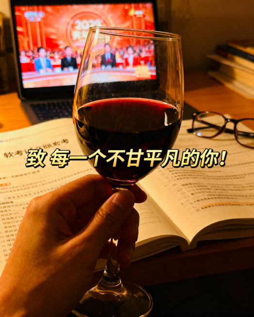 暖色调照片，前景是一只手举着半杯红酒，透过酒杯能看到背景里模糊的春晚画面，桌上散落着软考教材，旁边放着一副眼镜，配文字"致 每一个不甘平凡的你！"预览效果
