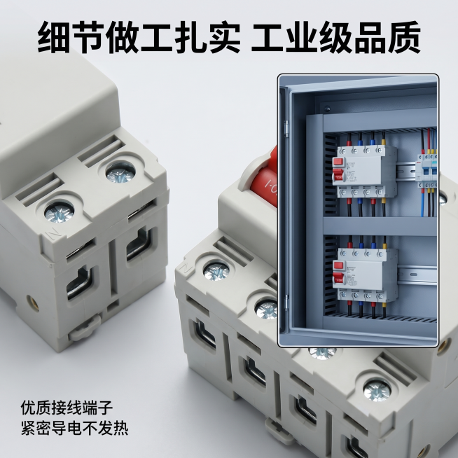 [主图 3] 漏电保护器细节与应用场景展示图，延续严谨工业配电风。
[氛围/风格] 科技理性，专业高级，与前两张主图风格、光影、配色完全统一，商业摄影质感，画面干净通透。
[元素/光影] 主图采用画中预览效果
