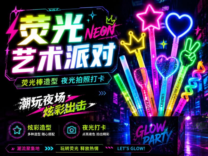 荧光艺术派对:荧光棒造型+夜光拍照，做个海报，比例4：3预览效果
