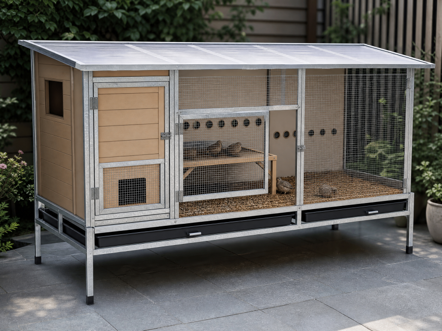 家用户外鹌鹑养殖笼设计，外部尺寸长宽高120cm*60cm*80cm，带有防雨顶盖，笼子内部分区包含保暖室、休息平台区和发酵床区域，户外放置，结构清晰的工业设计效果图，真实产品展示，细节丰富预览效果
