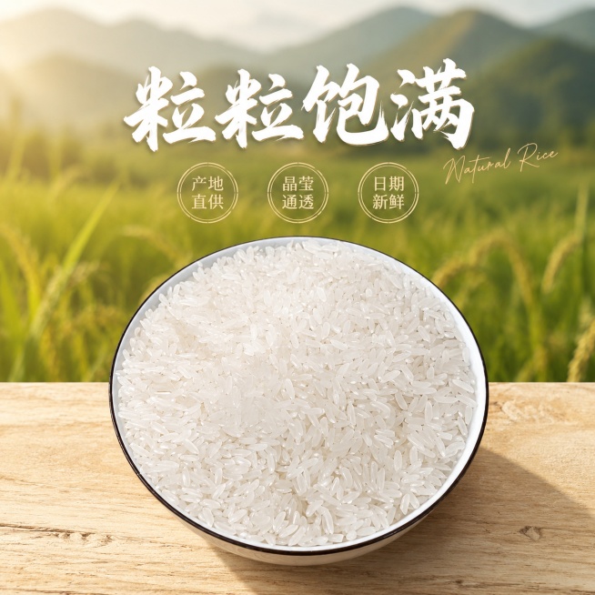 [单张主图] 优质长粒香大米，高级氛围感主图，目标是展示大米的优质通透，吸引淘宝顾客购买。
[画面主体] 保留原图中碗里的全部大米，保持大米的外观形状、颗粒纹理、颜色晶莹透白与输入图片绝对一致，杜绝任预览效果