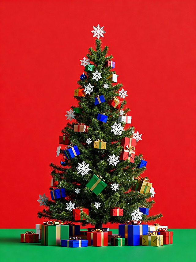 华丽无比的圣诞树，红绿配色的背景，圣诞树上挂面各种颜色的礼物和雪花，树下零散堆放着礼物盒