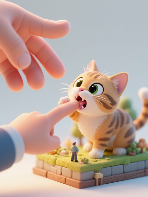 给我生成一个美式卡通风格，8k分辨率，生动有趣。一只调皮的小猫正用牙齿轻轻啃咬主人的手指，表情夸张可爱，眼睛瞪得大大的。主人的手做出夸张的惊讶或宠溺的反应动作。背景简洁，焦点完全放在互动上，画面充满动预览效果