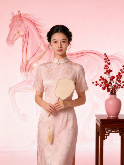 人物姿势自然优雅放松，表情柔和、温柔微笑；画面主体为身着浅粉色中式旗袍的（旗袍带细腻暗纹，领口缀珍珠扣），手持缀米色流苏的装饰性团扇，呈自然舒展站立姿态；背景为浅粉色渐变底色，搭配红金线条勾勒的全身半预览效果