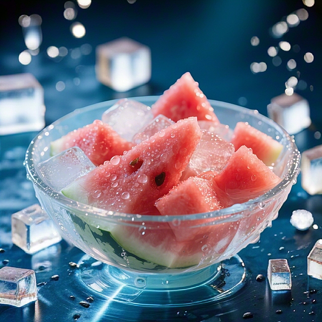 西瓜冰块，玻璃碗中清透呈现，清爽感十足，夏日清凉设计。