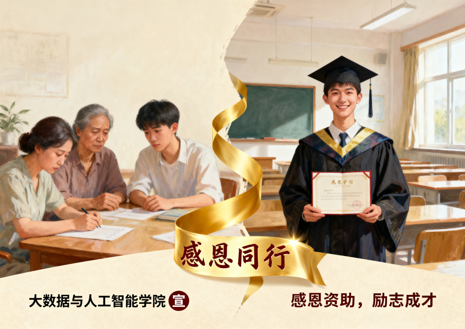 一张关于大学生感恩父母师长和国家资助的故事感海报，A3横版，画面采用分割或画中画构图，左侧虚化处理一个曾经为学费发愁的家庭场景，右侧则是同一个学生身穿学士服在明亮教室中自信微笑的场景，中间用一条金色的预览效果