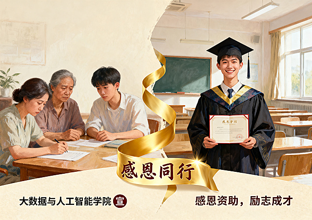 一张关于大学生感恩父母师长和国家资助的故事感海报，A3横版，画面采用分割或画中画构图，左侧虚化处理一个曾经为学费发愁的家庭场景，右侧则是同一个学生身穿学士服在明亮教室中自信微笑的场景，中间用一条金色的光带连接，光带上写有"感恩同行"字样。背景整体柔和米色调，海报下方有明显的"大数据与人工智能学院 宣"以及"感恩资助，励志成才"字样。风格细腻，包含成长与转折的情感表达，无外文干扰，细腻写实，情感丰富。