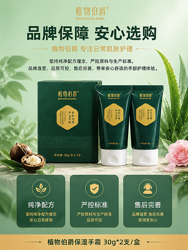 将整张详情图的背景底色统一替换为浅薄荷绿渐变柔焦风格，背景为柔和的薄荷绿色渐变（从浅薄荷绿到更浅的薄荷绿过渡），带有柔焦朦胧质感。画面中的产品（手霜管、包装盒）、品牌文字、三个保障卡片、芦荟植物、乳木果、玫瑰花、石质台面、底部金色条等所有前景元素均保持原样不变，位置、大小、颜色、文字内容完全一致，仅替换背景底色。产品和文字清晰锐利，背景柔焦朦胧。