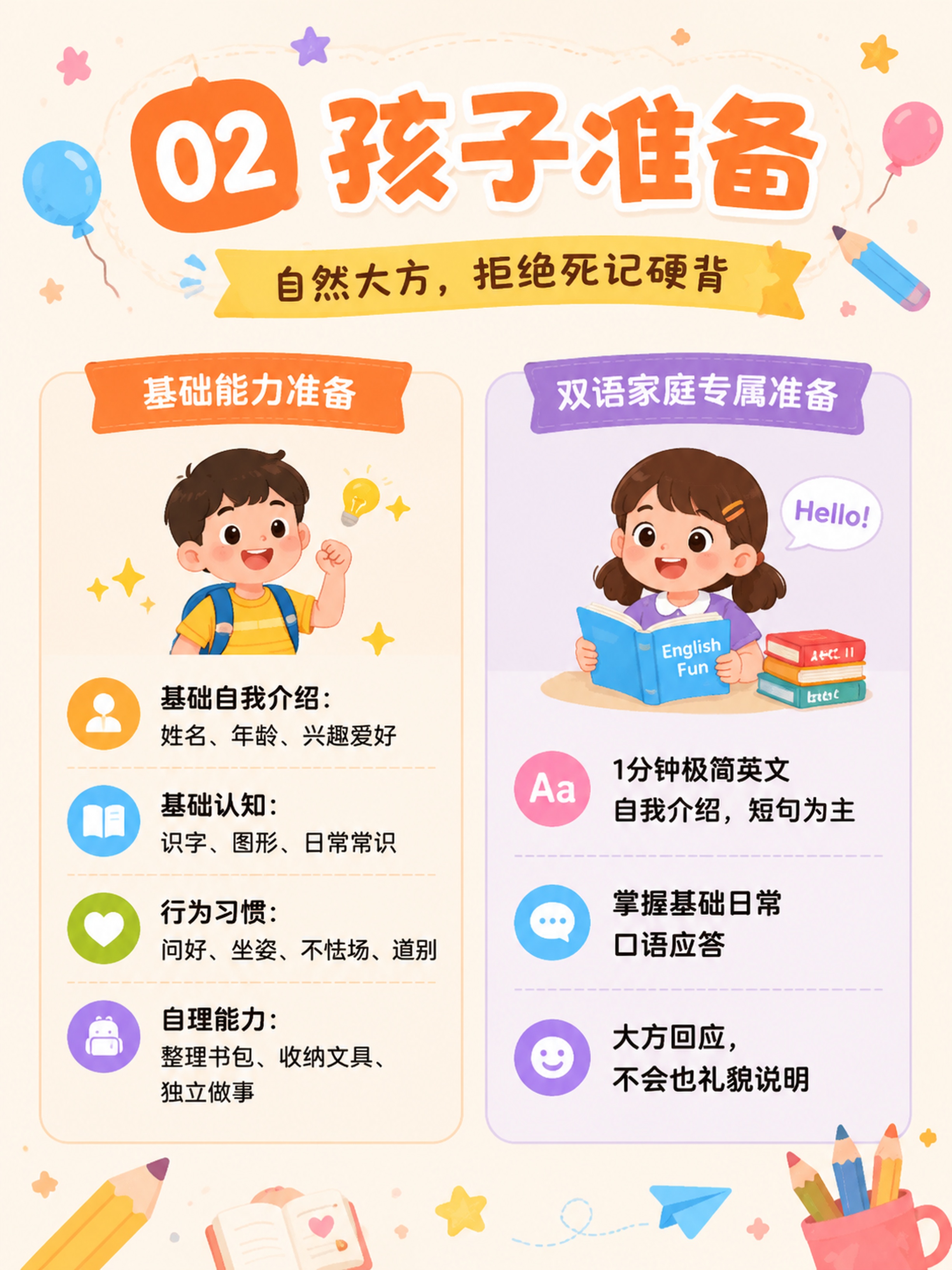 [第4屏] 孩子准备清单信息图，基础能力+双语家庭专属准备。… - 图片创意预览