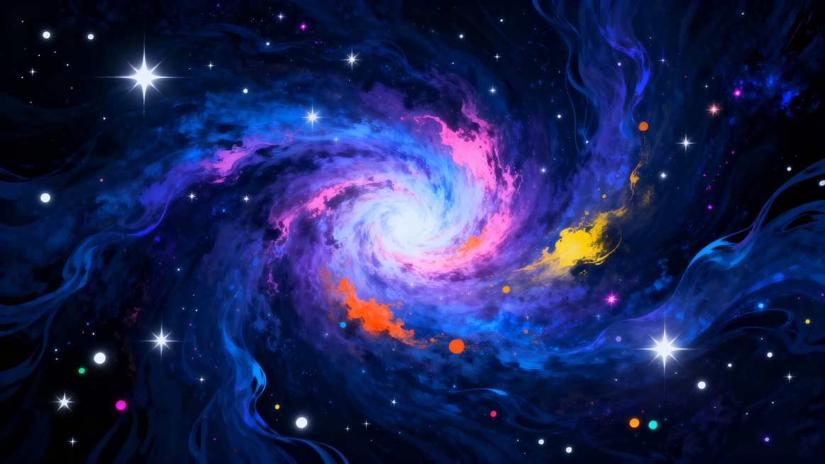 深邃神秘的宇宙背景，中心是明亮耀眼的星云漩涡作为视觉焦点，呈现出绚丽的蓝紫色调为主的渐变色彩，融合粉色、橙色和黄色的点缀，周围环绕着流动感十足的深蓝色能量流和飘逸的光带，点缀着大小不一、亮度各异的白色预览效果
