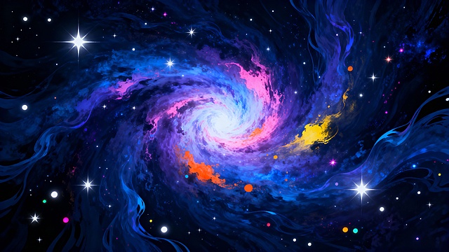深邃神秘的宇宙背景，中心是明亮耀眼的星云漩涡作为视觉焦点，呈现出绚丽的蓝紫色调为主的渐变色彩，融合粉色、橙色和黄色的点缀，周围环绕着流动感十足的深蓝色能量流和飘逸的光带，点缀着大小不一、亮度各异的白色及彩色星星，整体风格梦幻、动感且充满未来感，光影对比强烈，细节丰富，营造出浩瀚宇宙的壮丽与神秘氛围