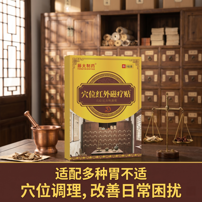 [主图 1] 藤太制药穴位红外磁疗贴产品首图，传统中医养生场景。
[氛围风格] 传统中式复古养生风格，专业靠谱；
[画质] 商业摄影质感、光线柔和通透、产品清晰真实、画面干净高级。
[元素] 穴位红外预览效果