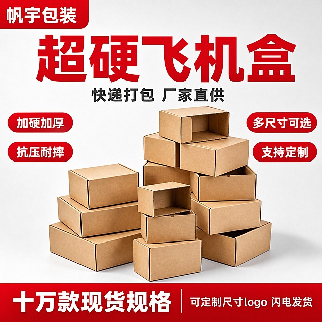 [主图-1] 超硬飞机盒首图，买赠价值首图路线，淘宝天猫爆款促销感，目标是一眼看懂产品并建立专业靠谱的第一印象，突出多规格可选和厂家直供的性价比。

[统一基调] 整体风格专业品质、干净通透；背景为浅灰到白色渐变；主色调牛皮纸原色+白色背景；强调色正红色（品牌、标题、促销元素）；辅助色深灰色（说明文字）；字体统一使用粗黑体，主标题最大最粗，副标题缩小60%，卖点文字再小一级；卡片样式为圆角矩形胶囊。

[画面] 画面中央展示多规格牛皮纸飞机盒组合堆叠，包含大中小不同尺寸的飞机盒，有闭合状态也有半开盖状态，错落有致地堆放在一起，形成丰富的层次感和量感。飞机盒为牛皮纸原色（浅棕黄色），瓦楞纸板材质，边缘整齐，压痕清晰，盒型方正挺括，体现超硬加厚的质感。产品外观、颜色、材质、结构必须与输入产品图保持一致。主体占画面50%-55%。产品下方有柔和的投影，增加立体感。

[构图版式] 顶部大标题型版式，标准三段结构：顶部28%区域放品牌位和主标题；中部52%区域放产品主体堆叠展示；底部20%区域放通栏信息条。

[光影质感] 商业摄影质感，主光从左上方45度照射，产品顶部和左侧有明亮高光，右侧和底部有自然柔和的阴影，体现瓦楞纸板的厚度和硬度。盒体边缘有清晰的明暗交界线，突出立体感。整体光线明亮通透，干净专业。

[配色] 主色牛皮纸原色+白色浅灰渐变背景；强调色正红色用于品牌标签、主标题、底部通栏；辅助色深灰色用于副标题和说明文字。

[文字版式] 左上角红色圆角矩形品牌标签内白色粗体字"帆宇包装"。顶部中央超大红色粗黑体主标题"超硬飞机盒"，字号最大醒目。主标题下方一行深灰色副标题"快递打包 厂家直供"。产品左侧两个红色圆角胶囊卖点：白色字"加硬加厚"、"抗压耐摔"。产品右侧两个红色圆角胶囊卖点：白色字"多尺寸可选"、"支持定制"。底部深红色渐变通栏，左侧白色粗体大字"十万款现货规格"，右侧白色小字"可定制尺寸logo 闪电发货"。所有文字清晰可读，不遮挡产品主体。

[输出要求] 1:1正方形比例，2K高清，文字清晰可辨，产品细节锐利。禁止变形、错字、糊字、水印、平台logo、二维码、主体模糊、悬浮、穿模、背景杂乱、多余人物、极限词。