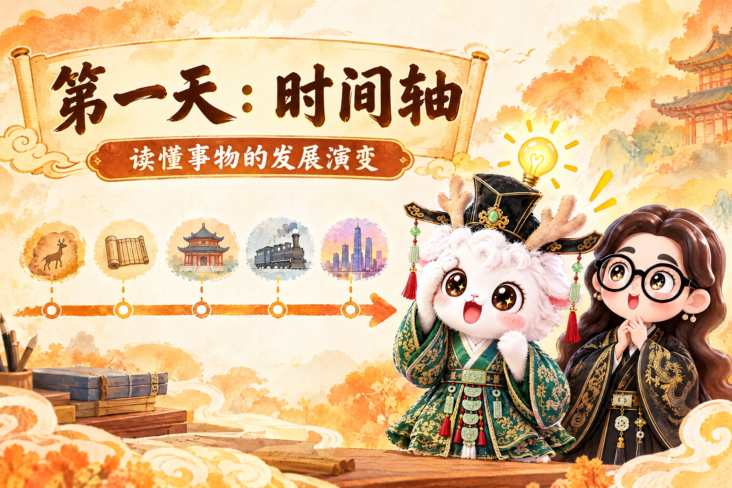 横版6寸比例的课程标题页设计，大标题为"第一天：时间轴"，副标… - 图片创意预览