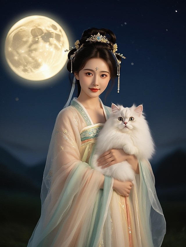 嫦娥抱着参考图上的ta。嫦娥看着镜头（嫦娥面容精致，身上飘带飞舞环绕，衣服仙气飘飘）。场景是夜晚的天上，背后一轮巨大的月亮散发柔和的光芒，温暖的光晕。写真摄影风格，质感光照，自然光线，动物摄影