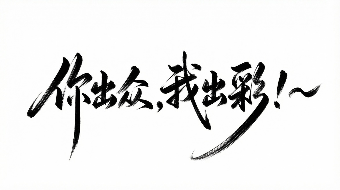 参照参考图中书法字体笔划风格，设计文字「你出众，我出彩！~」，夸张连笔，钢笔质感，黑白配色，纯白背景预览效果