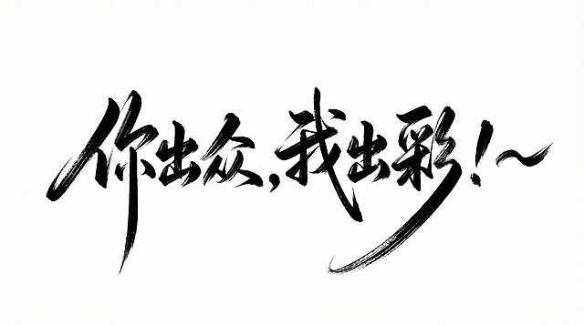 参照参考图中书法字体笔划风格，设计文字「你出众，我出彩！~」，夸张连笔，钢笔质感，黑白配色，纯白背景