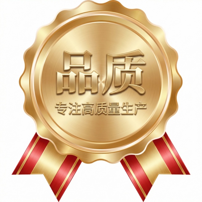 在图片圆形区域靠上位置添加文字"品质"，在品质下方添加小字"专注高质量生产"，增强整张图片的金属光泽质感，保留原有徽章和绶带的造型结构预览效果