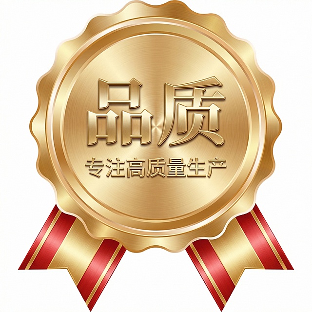 在图片圆形区域靠上位置添加文字"品质"，在品质下方添加小字"专注高质量生产"，增强整张图片的金属光泽质感，保留原有徽章和绶带的造型结构