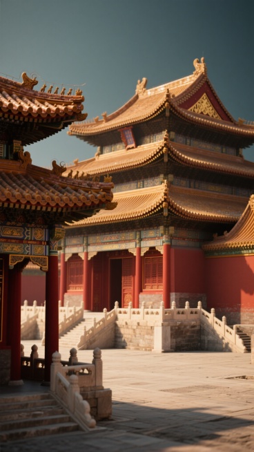 具有干净风格的故宫场景，符合现实逻辑，适用于背景素材使用，3D渲染的故宫宫殿群，主色调为深红色与金色，光线柔和均匀，高光表现细腻，阴影细节丰富，展现出故宫建筑的对称美学和庄重氛围，宫殿的飞檐、斗拱、瓦片等细节清晰可辨，背景为纯色，无多余装饰元素，整体视觉层级分明，信息传达效率高，符合中国传统文化的审美和宣传目的。预览效果