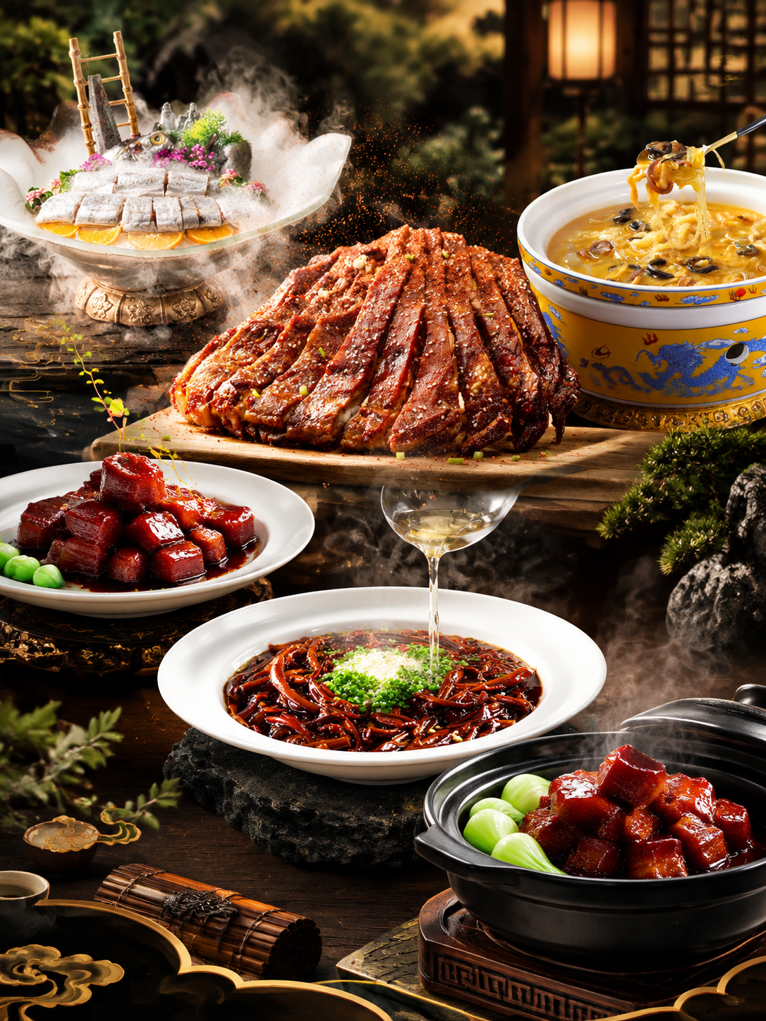将6张美食图片合成排布在一张高档次室外餐饮宣传大图中，竖向构图… - 图片创意预览