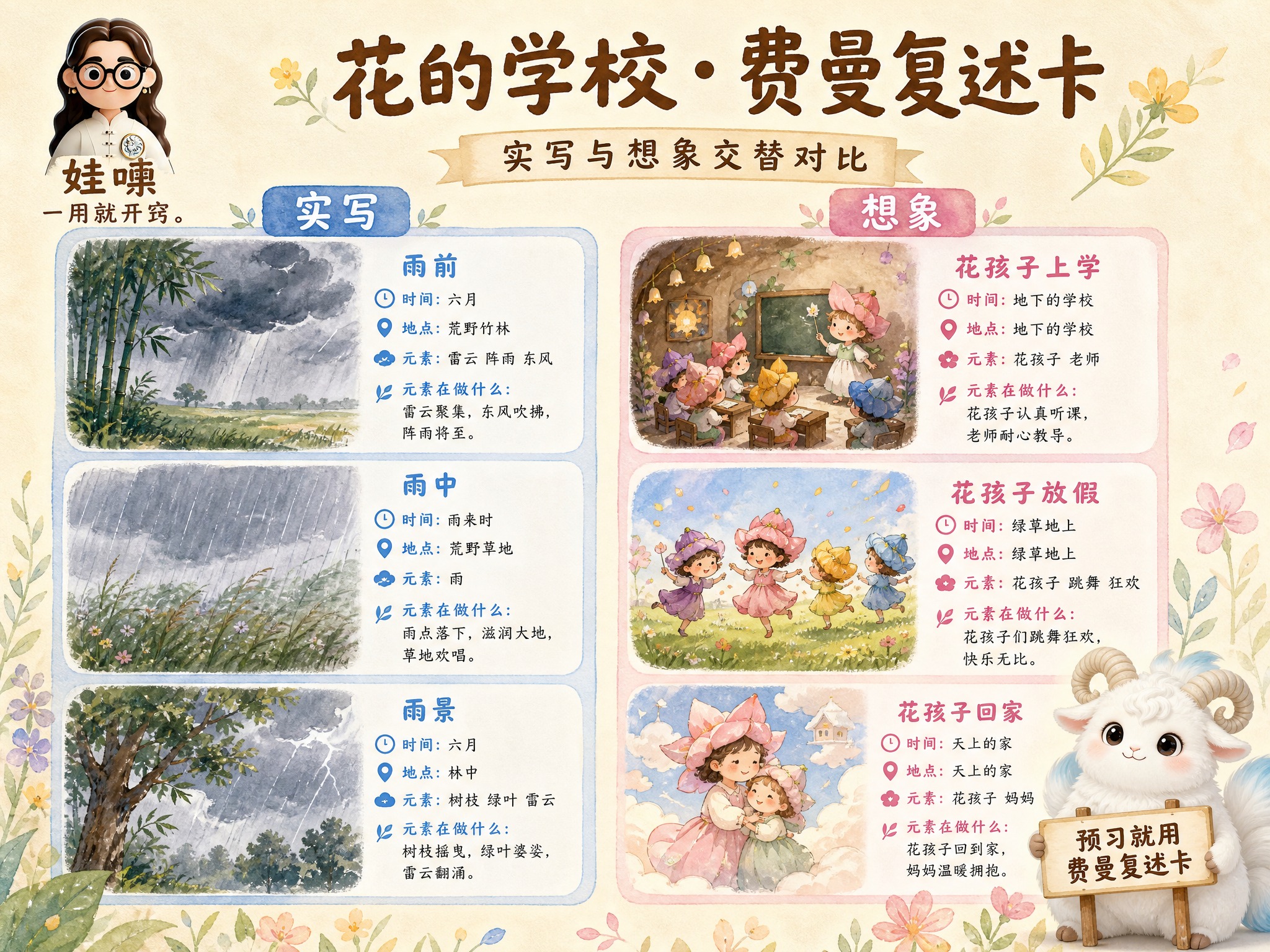 A4横版费曼复述卡，米黄色暖色调手绘水彩风格，温馨儿童教育风。… - 图片创意预览