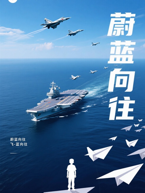 “蔚蓝向往”字体竖向右侧排列，背景为海洋/航空母舰/歼-16战机群照片，下部配上折纸飞机，男孩剪影预览效果