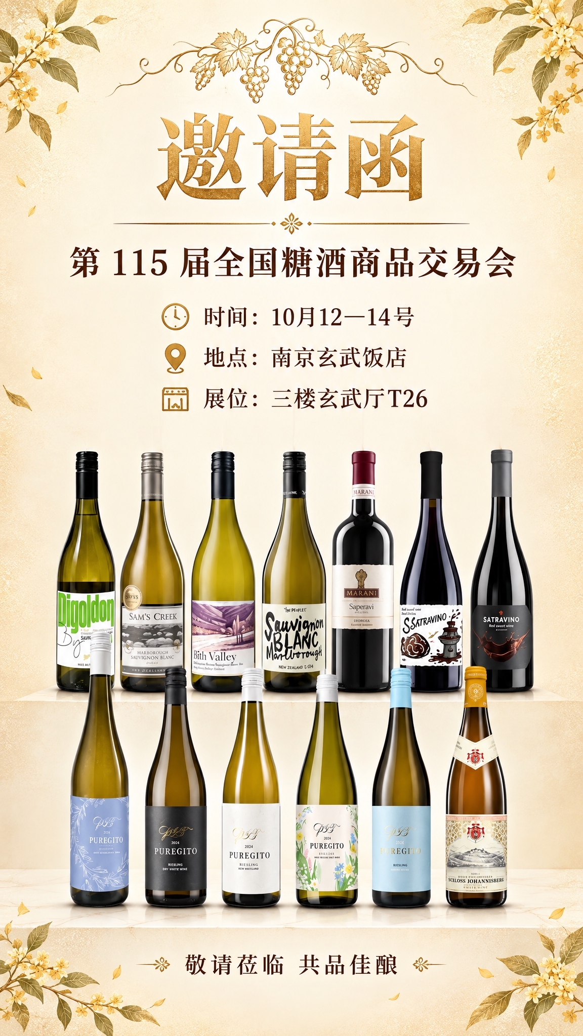 高端酒类行业电子邀请函，竖版9:16，浅米白与香槟金雅致风格，… - 图片创意预览