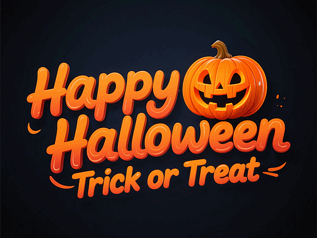 以 “Happy Halloween” 和 “Trick or Treat” 为核心文字。“Halloween” 采用夸张的卡通艺术字体，其中字母 “O” 设计成南瓜灯造型，整体色彩以橙色为主，风格活泼有张力，突出万圣节的节日氛围，深色背景