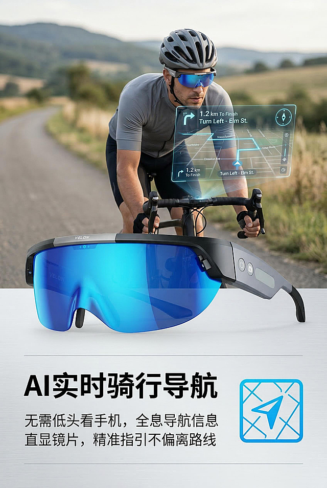 商业大片级排版，上半部分为郊野骑行场景，骑行者佩戴VELON智能骑行AR眼镜，严格还原产品外观、金属哑光+镜片高光的材质质感，镜片清晰显示AI导航界面，场景高清自然，下半部分为文字信息，主标题无衬线粗体黑色字体，内容为“AI实时骑行导航”，副标题无衬线细体深灰色字体，内容为“无需低头看手机，全息导航信息直显镜片，精准指引不偏离路线”，文字右侧搭配亮蓝色简约导航图标，背景为浅灰色渐变，光影柔和，突出AI导航核心功能，排版上下分区清晰，中文文字统一为无衬线字体，整体风格与之前的品牌视觉统一，科技感与实用性结合。负面提示：AI界面模糊，产品细节失真，场景杂乱，文字与画面割裂，卖点不突出，颜色偏差，导航图标廉价，字体不统一，画面模糊，产品材质质感不符