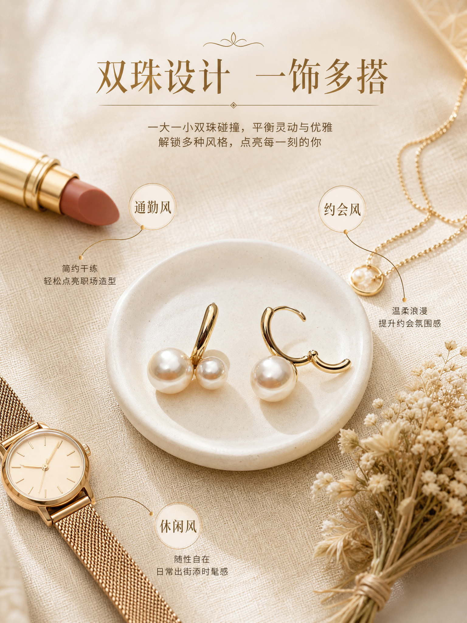 [商品] 使用【图1】【图2】双珠珍珠耳环（金色耳扣款）；保留… - 图片创意预览