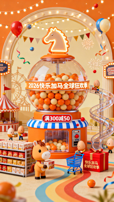 2026年春节促销海报，采用3D立体的微缩场景设计，以暖橙色为主色调，搭配米色、浅黄等邻近色，局部用蓝白条纹、红色做点缀。中央是形似巨型扭蛋机+马年主题商店的促销装置，上层是马头形状的发光标识，中层环预览效果