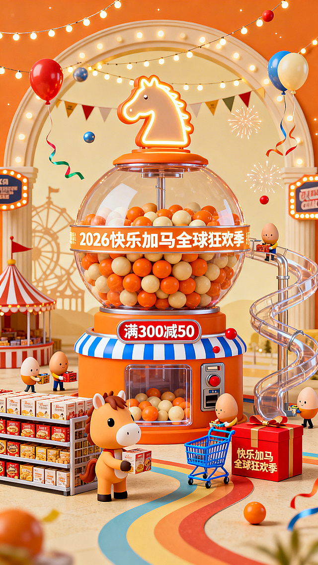 3D微缩艺术风，拟人卡通马与蛋形小人互动，霓虹灯饰点缀，塑料质感糖果机满溢喜庆感，趣味促销场景点亮节日狂欢。