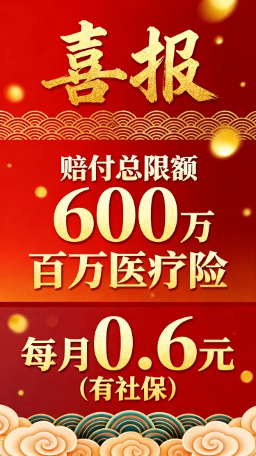 生成十张中国传统节日喜庆风格宣传海报，采用上中下三段式经典版式，最上方用书法大字写着“喜报”，占比约图片1/3，中间文字写着“赔付总限额600万”、“百万医疗险”、下方“每月0.6元（有社保）”，海报预览效果