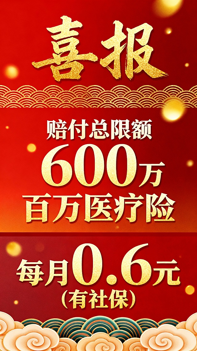生成十张中国传统节日喜庆风格宣传海报，采用上中下三段式经典版式，最上方用书法大字写着“喜报”，占比约图片1/3，中间文字写着“赔付总限额600万”、“百万医疗险”、下方“每月0.6元（有社保）”，海报整体采用层级化排版，主标题放大醒目，辅助信息有序排列，整体版式平衡稳定，信息传达层次分明，比例 「9:16」