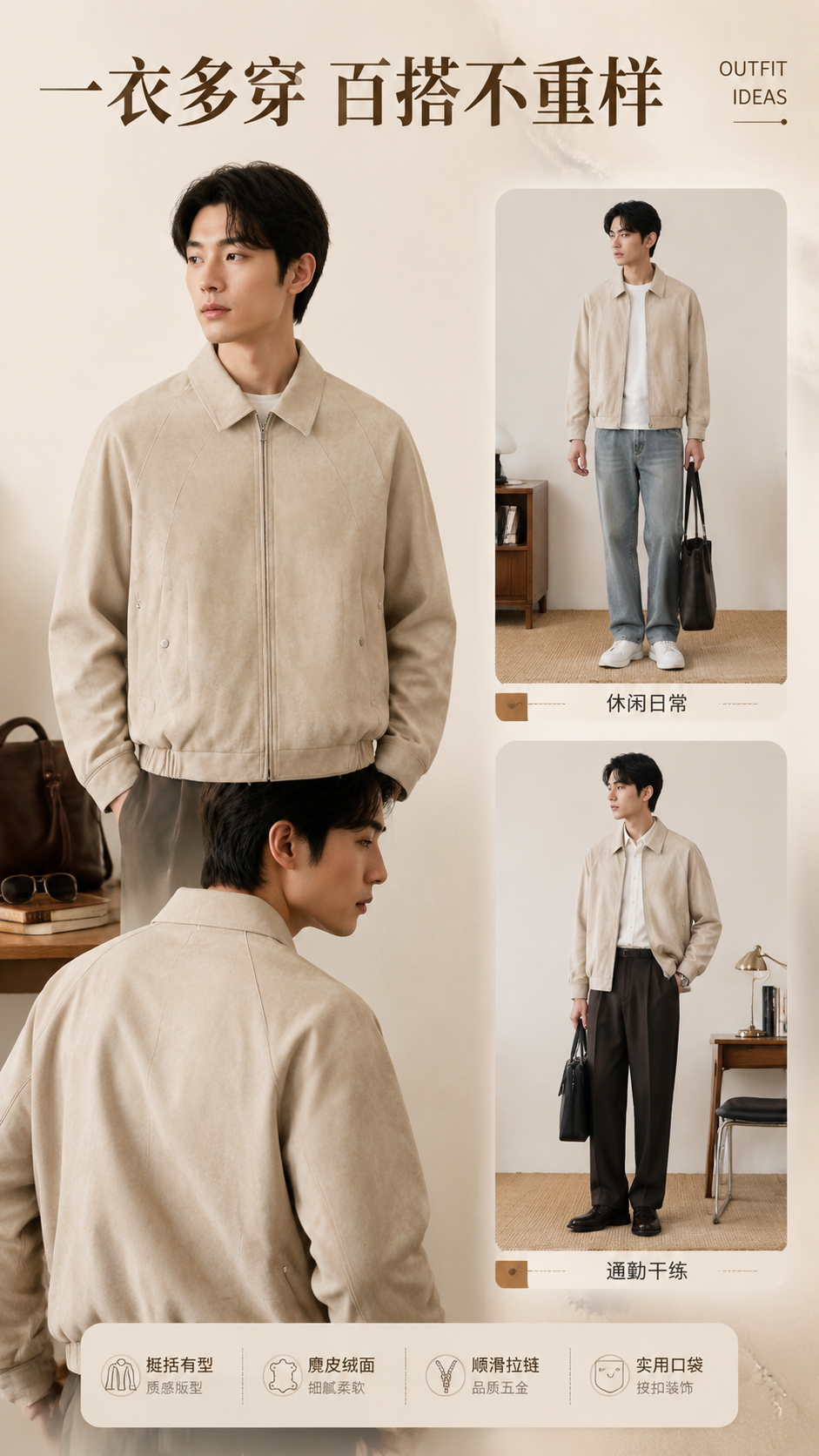[商品] 使用【图1】浅米色麂皮绒翻领夹克；商品处理：保留翻领… - 图片创意预览