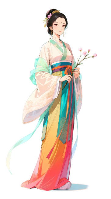漫画风格全身站立人物，三月桃花花神息夫人，春秋时期女子形象，身着典雅春秋服饰，容貌秀美气质坚毅，手中仅拿一小枝带两三朵桃花的花枝，桃花明艳娇嫩，背景干净素雅，人物完整呈现从头到脚的站立姿态，画风细腻，预览效果