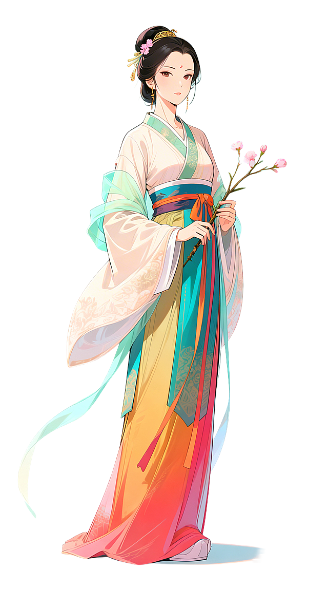 漫画风格全身站立人物，三月桃花花神息夫人，春秋时期女子形象，身着典雅春秋服饰，容貌秀美气质坚毅，手中仅拿一小枝带两三朵桃花的花枝，桃花明艳娇嫩，背景干净素雅，人物完整呈现从头到脚的站立姿态，画风细腻，贴合貌美有气节的设定，服饰与整体风格和参考图一致