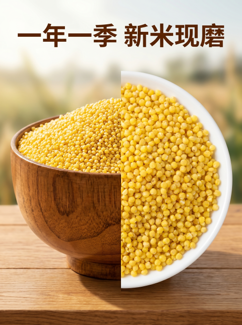 [主图-3] 黄小米产品核心卖点展示主图，突出一年一季新米现磨的产品优势。保持黄小米颗粒外观颜色质感与参考图一致，杜绝变形色差，精细化处理。商品主体占比约70%，画面满铺无边框。[氛围风格] 自然原生预览效果