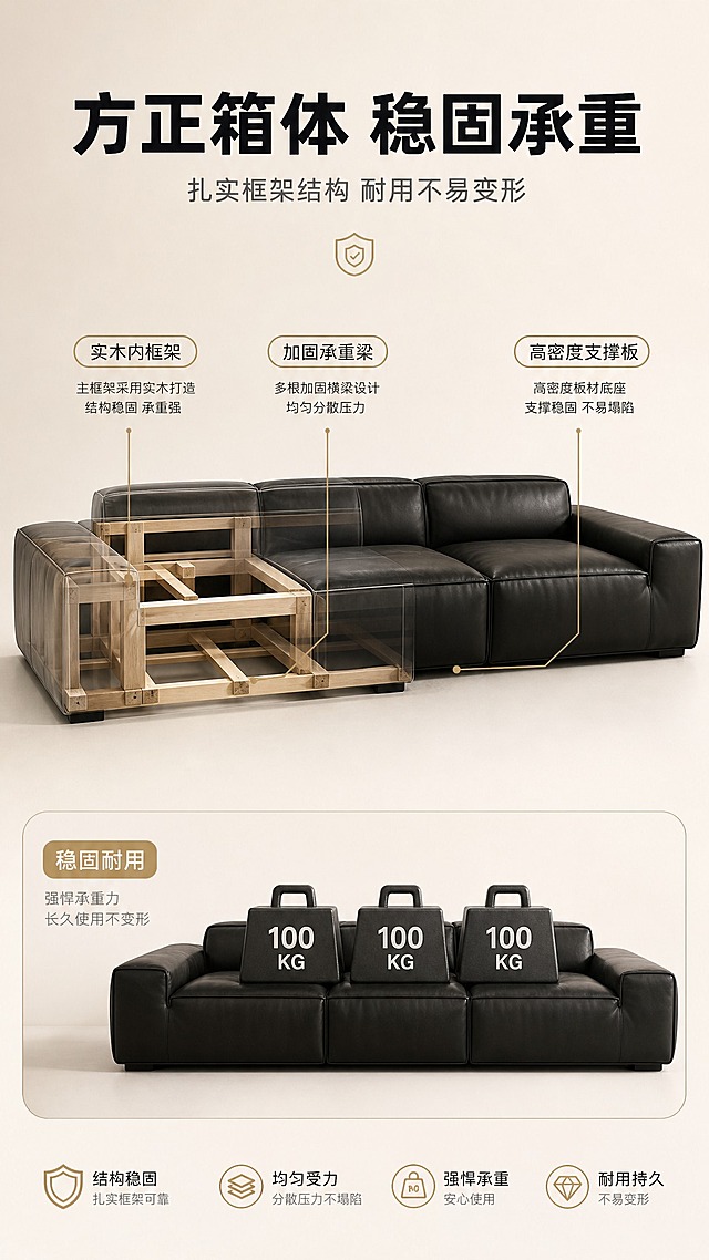 [商品] 使用【图1】黑色真皮模块沙发；保留方正箱体外观；以半透明透视/剖面方式展示内部方正箱体框架结构，体现稳固承重。
[画面] 目标：解析方正利落箱体结构，展示稳固承重、不易变形、耐用性强。构图：上文下图，顶部文案区，下方主体为沙发透视结构图。沙发正面角度，一侧做半透明剖切效果，露出内部实木框架、加固横梁、支撑结构，用引线标注各部件。底部配承重示意（如重物压在沙发上沙发不变形的示意）。背景简洁突出结构。
[视觉] 套系策略：风格=现代轻奢高级商业摄影；标题字=现代无衬线粗黑体；正文字=简洁无衬线体；主色=高级黑+暖米白；背景延展=基于暖米白做深浅层级、同色渐变和细腻哑光质感；强调色=香槟金，仅用于小面积图标、引线、标签和金属装饰；标题色=深炭黑；正文色=中暖灰；组件=圆角浅底信息卡、细线引线、香槟金icon；光影=左前侧暖柔光，柔和自然阴影。
[文字] 顶部主标题"方正箱体 稳固承重"（8字），副标题"扎实框架结构 耐用不易变形"（12字）。引线标注："实木内框架""加固承重梁""高密度支撑板"。底部配"稳固耐用"标签。文字横排，清晰可读。
[规格] 图片比例9:16竖版，4K，避免变形、错字、文字过小、冷蓝背景、沙发颜色改变、结构失真、绝对化用语。