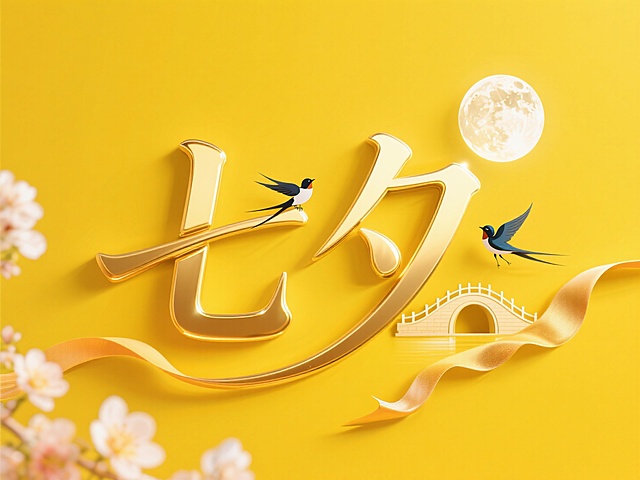 中式插画风，鎏金大字“七夕”，梦幻浪漫，桥月相映，唯美感十足。