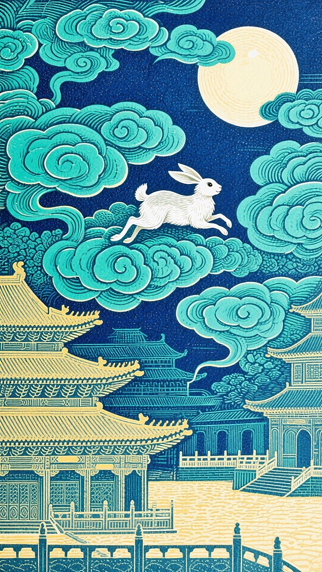 青绿祥云如浪，白兔穿梭其间，用色大敢