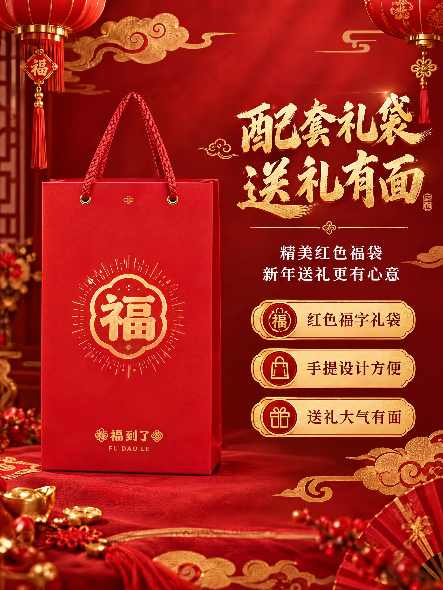 [商品] 使用红色福字礼袋图；保留红色礼袋、金色福字、手提绳、… - 图片创意预览