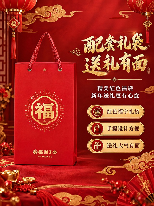 [商品] 使用红色福字礼袋图；保留红色礼袋、金色福字、手提绳、底部文字等全部结构和颜色。
[画面] 礼袋包装展示，目标：配套礼袋 送礼有面。左图右文构图，红色福字礼袋在左侧，正面视角，占画面45%。右侧文字区说明礼袋配套，突出送礼价值。背景深红色渐变配金色祥云纹理，周围有金色装饰元素。
[视觉] 套系策略：风格=国潮传统喜庆高端商业摄影；标题字=大气书法体（金色烫金质感）；正文字=现代宋体（白色）；主色=中国红+烫金；背景延展=深红渐变+金色祥云纹理；强调色=金色，用于标题、装饰和图标；标题色=金色；正文色=白色；组件=金色圆角信息卡、图标；光影=正面柔光，礼袋质感清晰。
[文字] 右侧上方主标题"配套礼袋 送礼有面"金色大字；副标题"精美红色福袋 新年送礼更有心意"白色小字；下方三个卖点："红色福字礼袋""手提设计方便""送礼大气有面"，配金色小图标。
[规格] 比例3:4竖版，2K分辨率，避免变形、错字、礼袋外观不符。