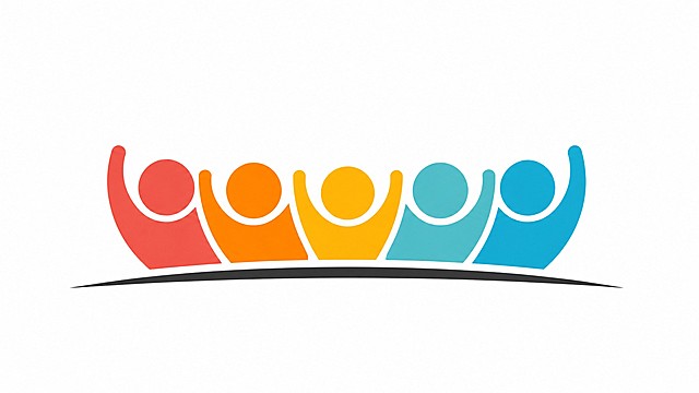参考原图片的简约扁平化logo风格，增加人物数量，改为横屏构图，保留原风格和色彩搭配，保持人物举手臂拥抱的姿态设计