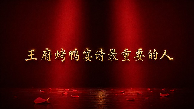 将image1中的文字“王府烤鸭宴请最重要的人”保留，字体保持image1中的高雅宋体/楷体风格金色字体不变，背景完全替换为image2中的背景效果：深红色渐变背景带有两束垂直光束效果，底部有红色反光地面和散落的红色花瓣，整体氛围庄重典雅，文字居中排列，保持金色金属光泽质感